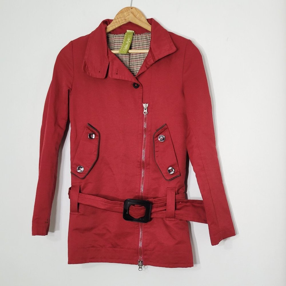 Soia & Kyo Red Cotton Blend Zip Front Casual Trench Jacket Belted Pockets XS/S